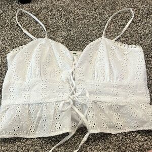 White cropped lace up tank